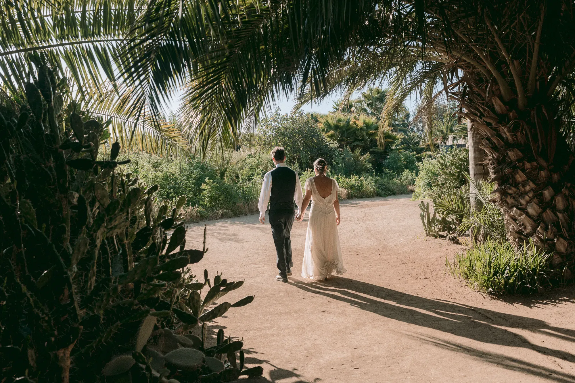Los novios se alejan caminando entre palmeras